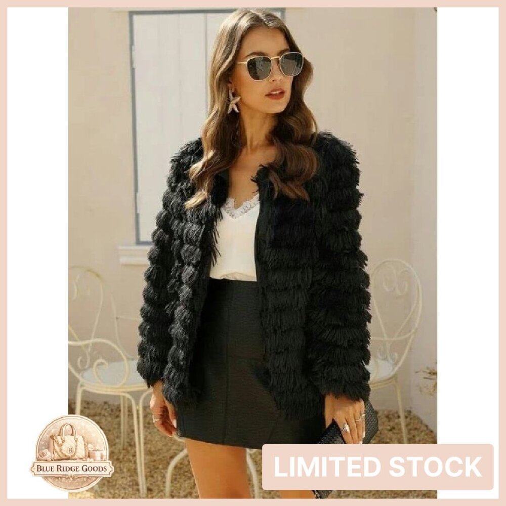 Faux Fur Open Front Cardigan Vintage Parka Shaggy Jacket Warm Coat Y2K Chic - Picture 3 of 8
